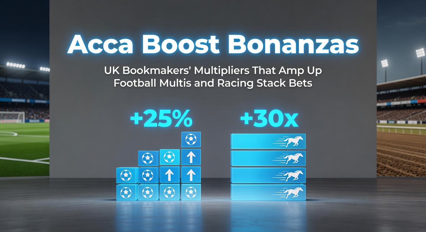 Excited punters checking their boosted accumulator winnings on a football match day, with bookmaker app notifications highlighting profit multipliers