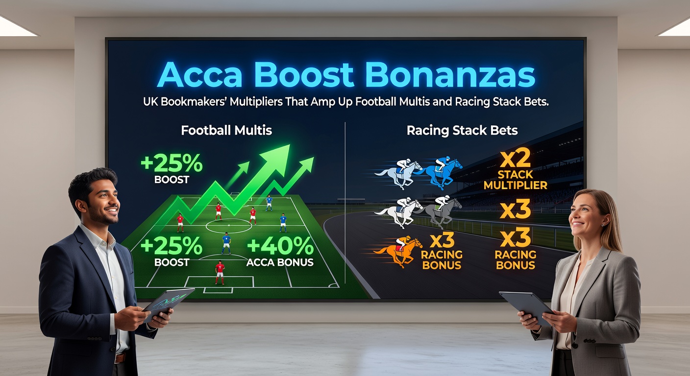 Horse racing multis displayed on a bookmaker's app with acca boost percentages highlighted, showing stack bets from Cheltenham trials in March 2026