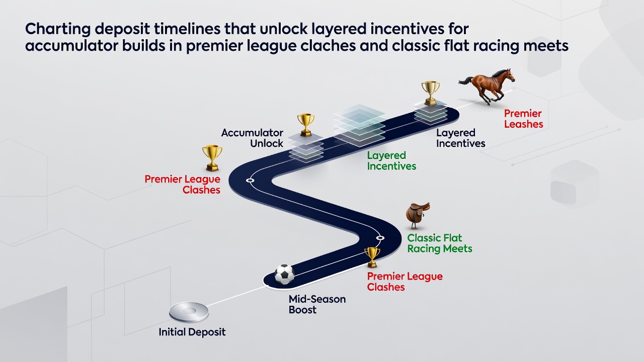 Timeline chart showing deposit windows and bonus activation points for accumulator bets in football and horse racing