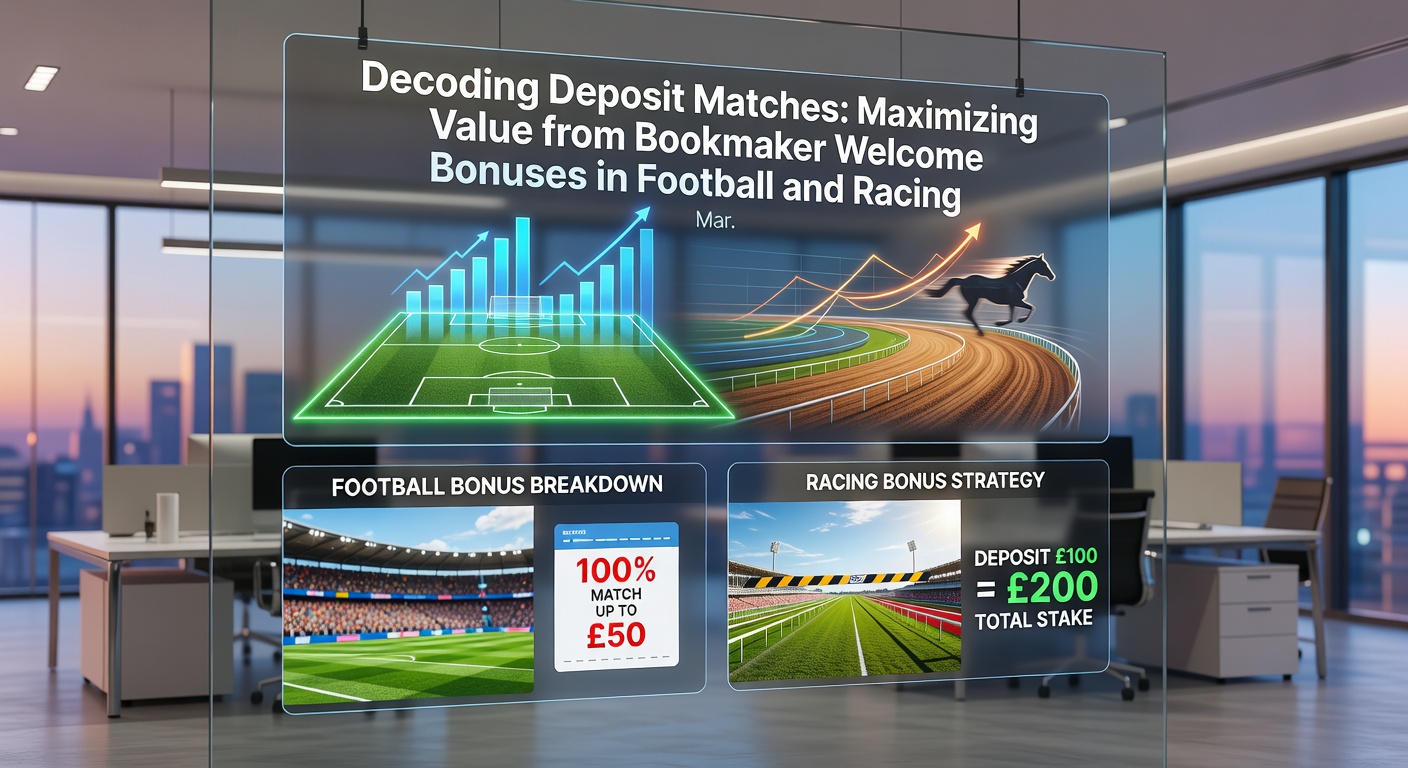 Close-up of a betting interface displaying a 100% deposit match activated on a horse racing each-way bet and soccer handicap line