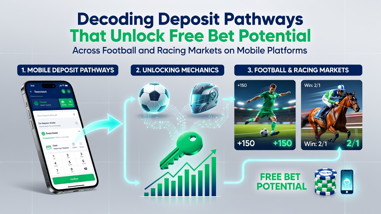 Mobile betting interface showing deposit options and free bet promotions for football and racing