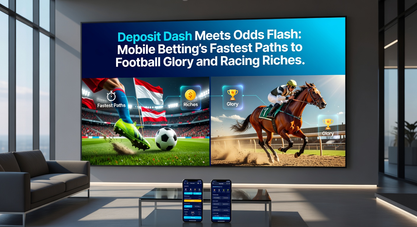Horse racing track scene on a mobile app interface, featuring live odds updates and quick deposit prompts during a Flat race