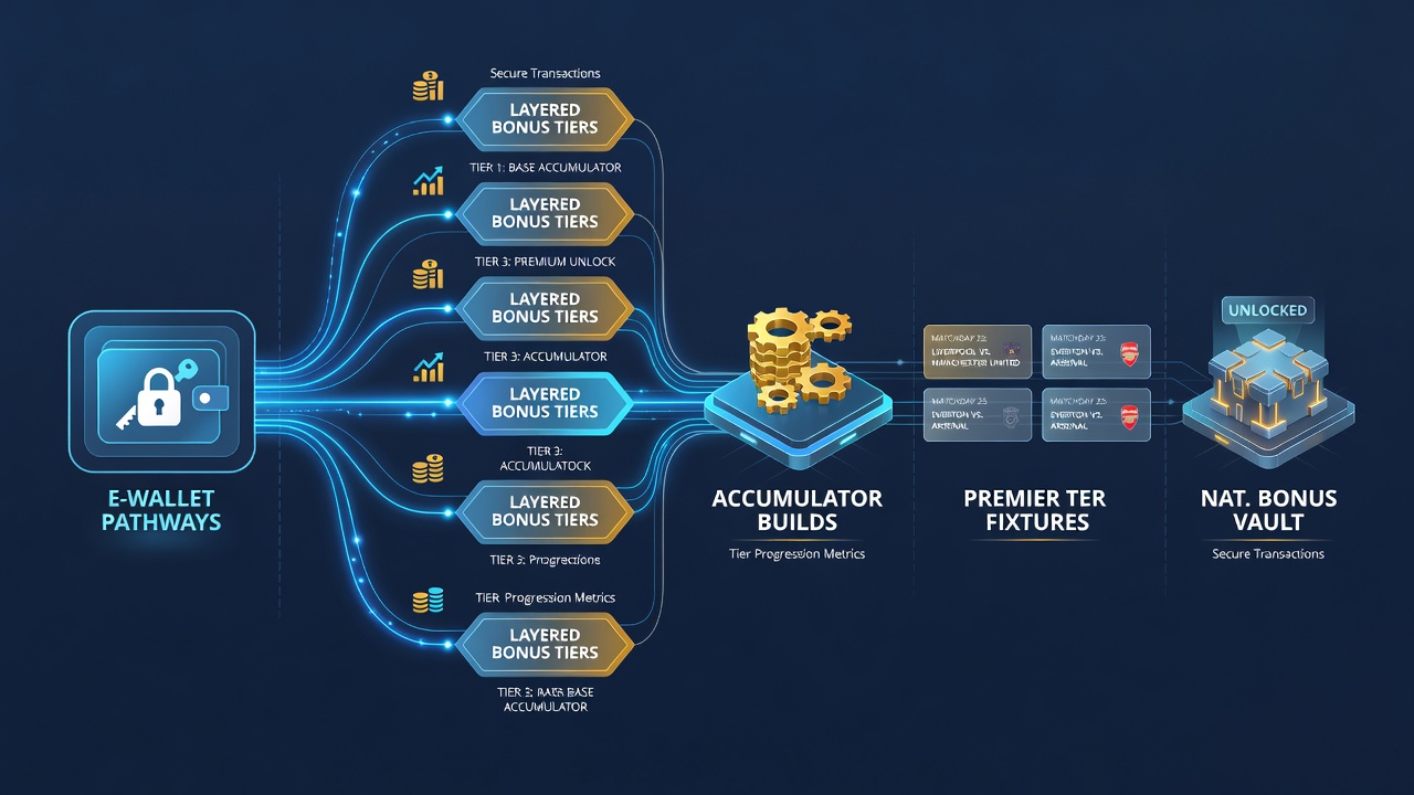 Accumulator ticket interface showing e-wallet funded bets across premier fixtures and national hunt chases