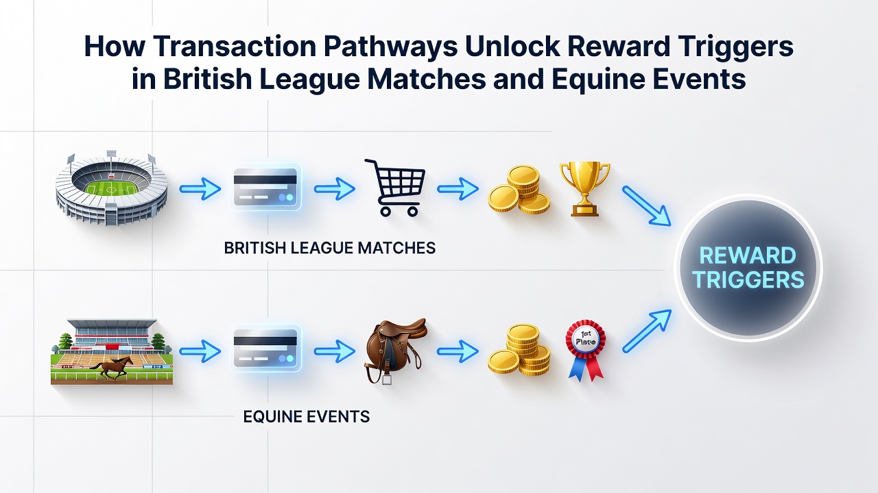 Transaction pathways diagram showing payment flows and reward triggers for British league matches and equine events