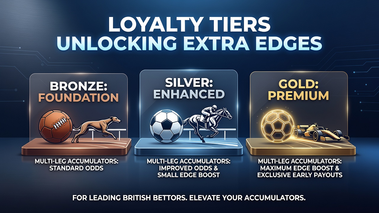 Racing accumulator interface displaying loyalty tier rewards and boosted returns on UK betting apps
