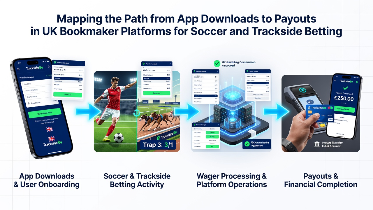 Illustration of a mobile screen displaying active soccer and horse racing bets transitioning into withdrawal confirmation on a UK betting app