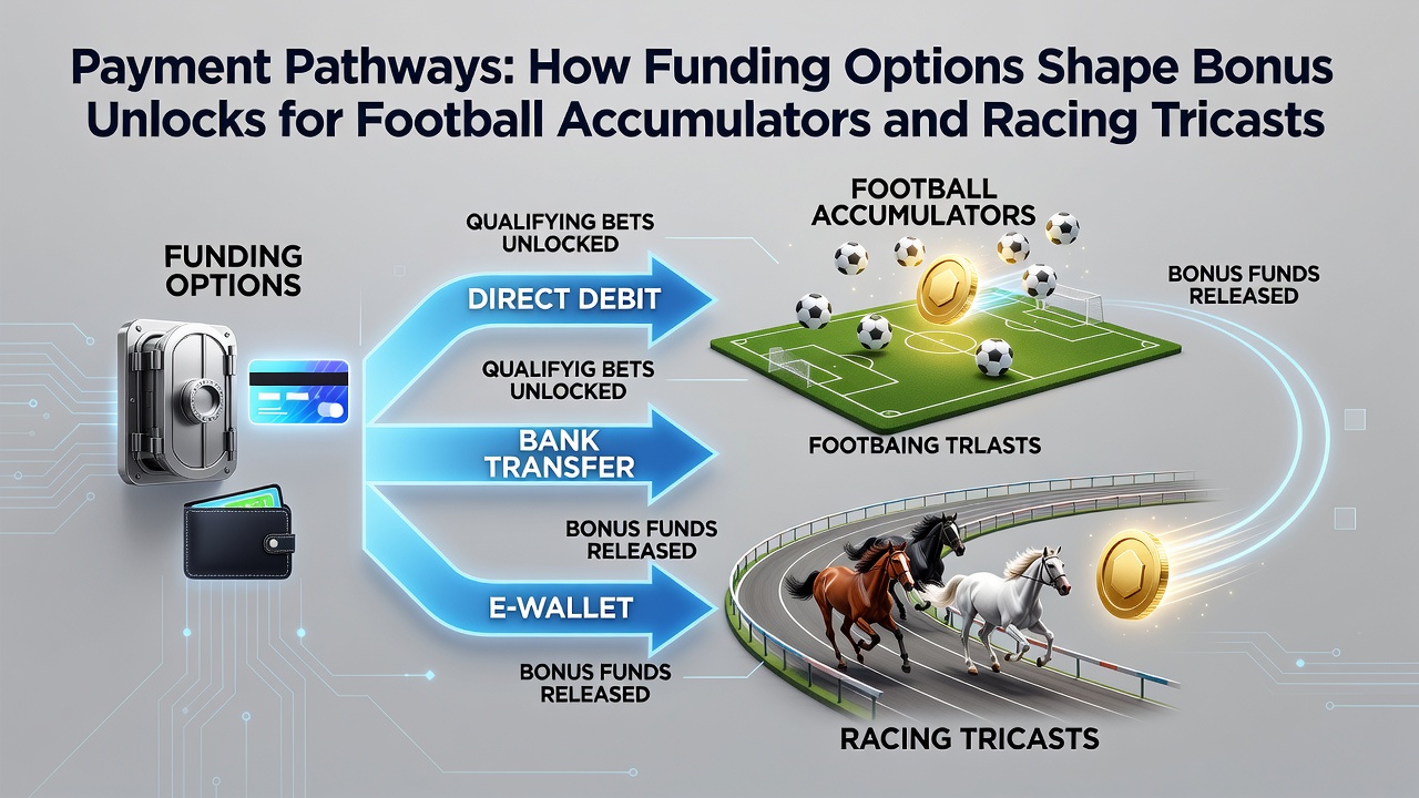 Diagram showing various payment methods including e-wallets and bank transfers unlocking bonuses for accumulator and tricast bets