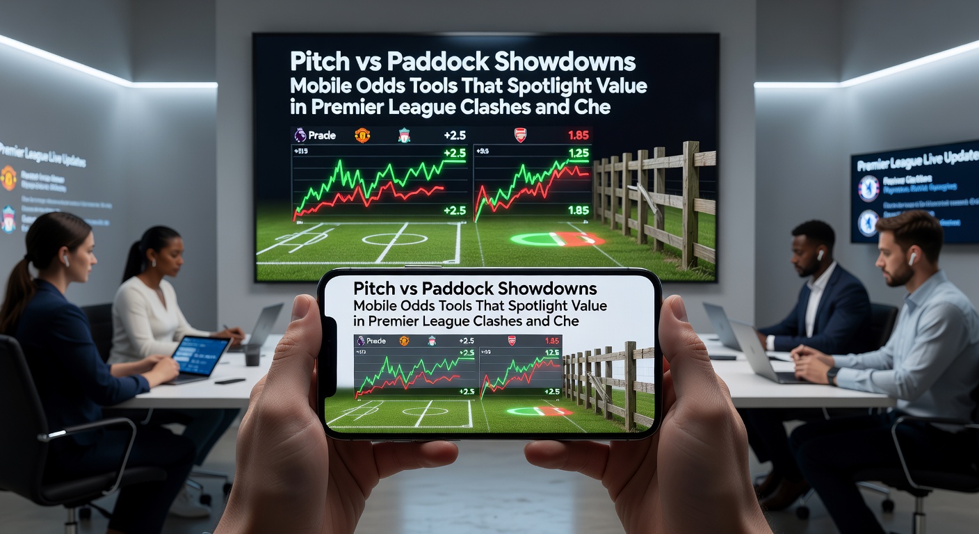 Close-up of a mobile app interface comparing odds for Cheltenham Gold Cup contenders alongside Premier League live match stats, with highlighted value bets glowing