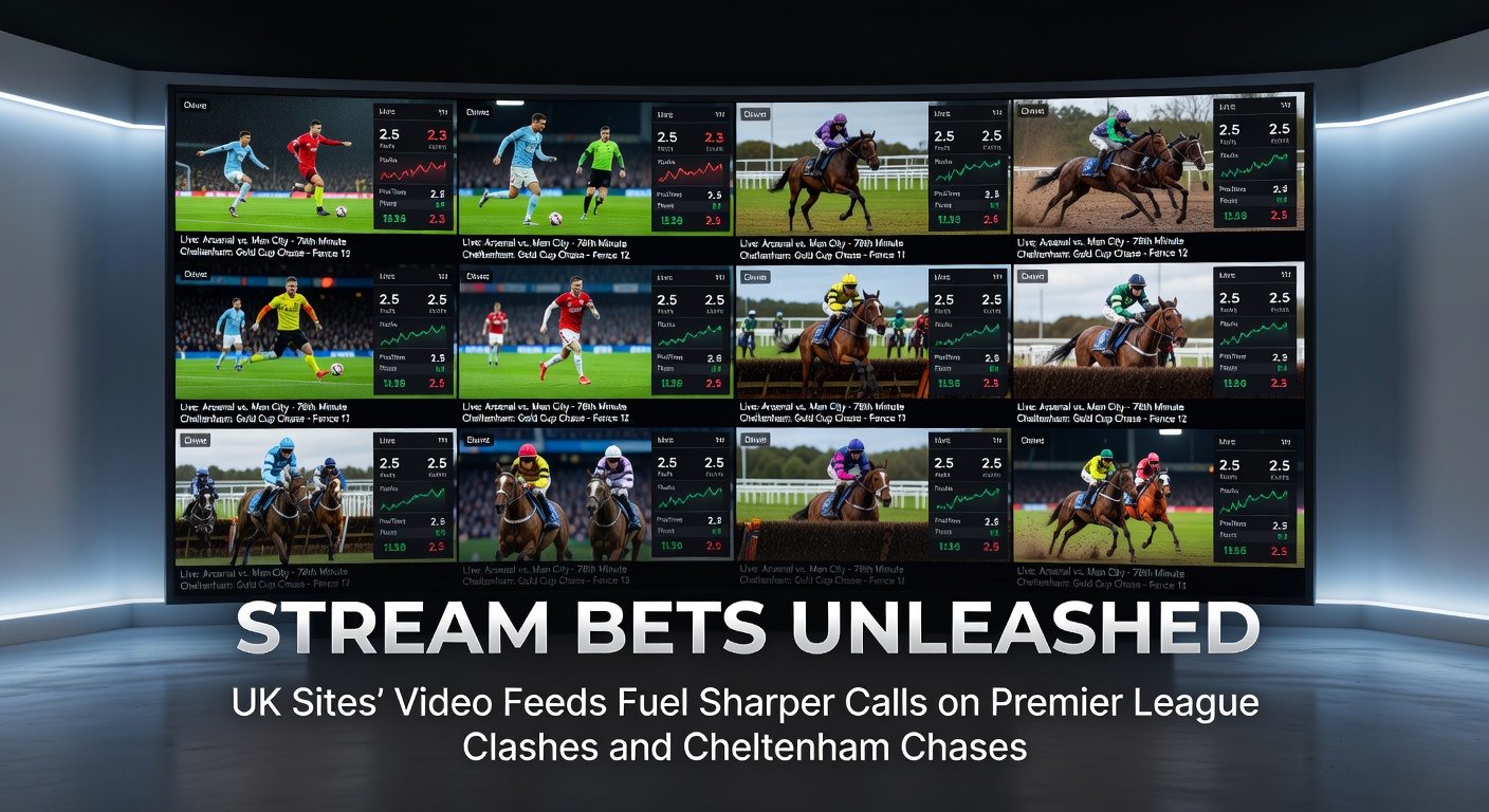 A dynamic split-screen view showing live Premier League football action alongside a Cheltenham horse race stream on a betting app, highlighting in-play betting interfaces with odds updating in real time