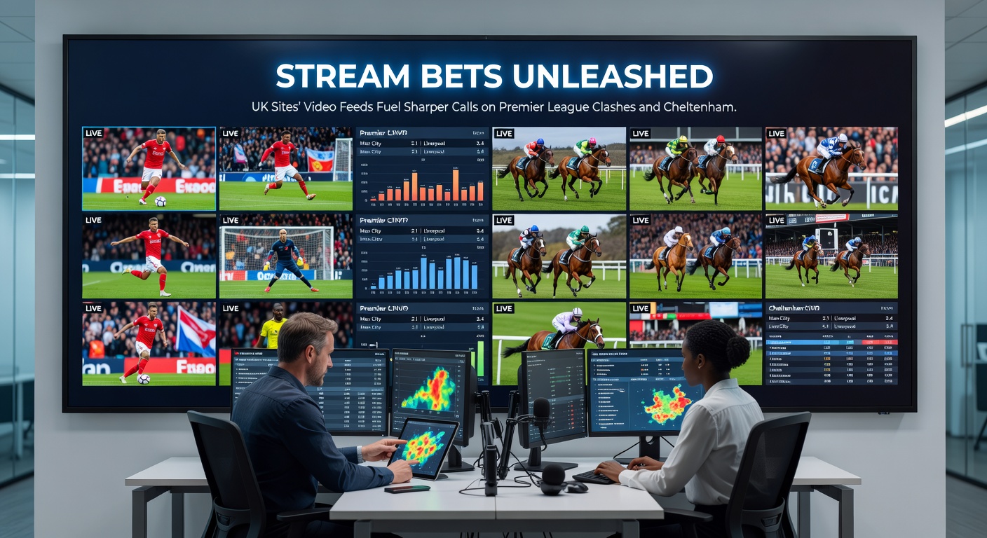 Close-up of a betting interface streaming a high-stakes Cheltenham steeplechase, with overlaid odds, horse trackers, and in-play bet options glowing amid the race's dramatic finish