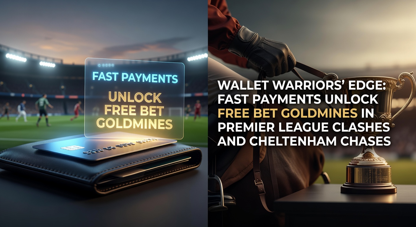 Dynamic graphic showing e-wallet icons speeding towards Premier League stadiums and Cheltenham racecourse, symbolizing quick payouts and free bet claims